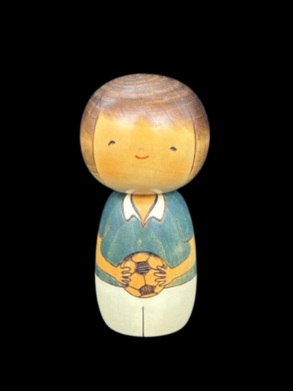 Vintage Japan Woody Craft Kokeshi Football/Soccer Boy Figurine Folk Art Doll 5.5
